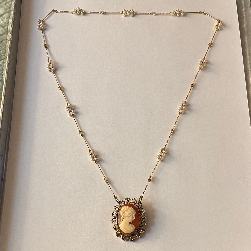 Vintage Shell Cameo Pendant Necklace- repurposed brooch